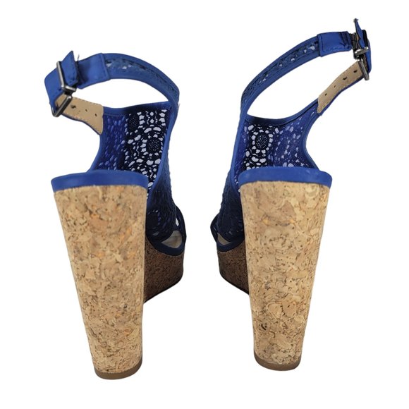 Lucky Brand RAZIAH Blue Lace Material Upper 5" inch Cork Wedge Heel Sandals 7.5M - Picture 3 of 6